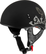 Black motorcycle helmet with eagle design, Corvus helmet matte black and tan LG