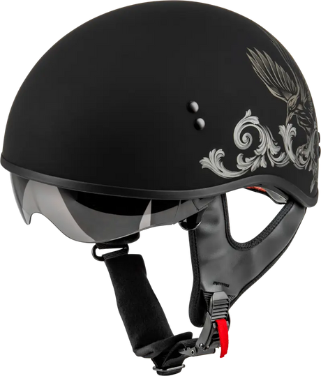 Black Corvus Helmet matte with eagle design, perfect for motorcycle riding
