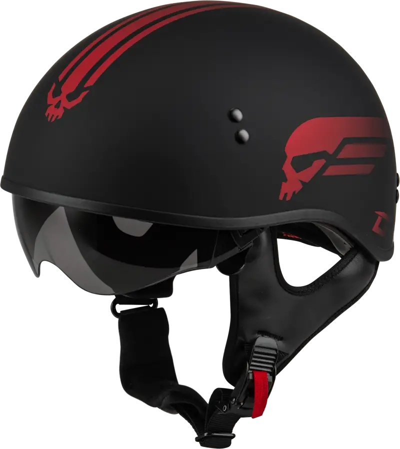 Black hh-65 Retribution helmet with red skull designs for stylish riding gear
