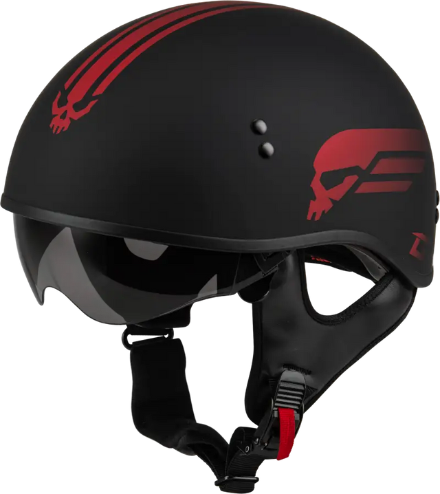 Black hh-65 Retribution helmet with red skull designs for stylish riding gear