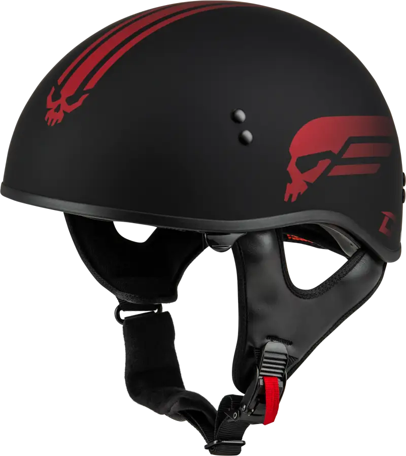 Black matte Hh-65 Retribution Helmet with red skull designs for ultimate style