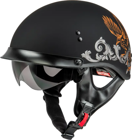 Black motorcycle helmet with eagle design, HH-65 Corvus Helmet W/Peak in matte black silver orange