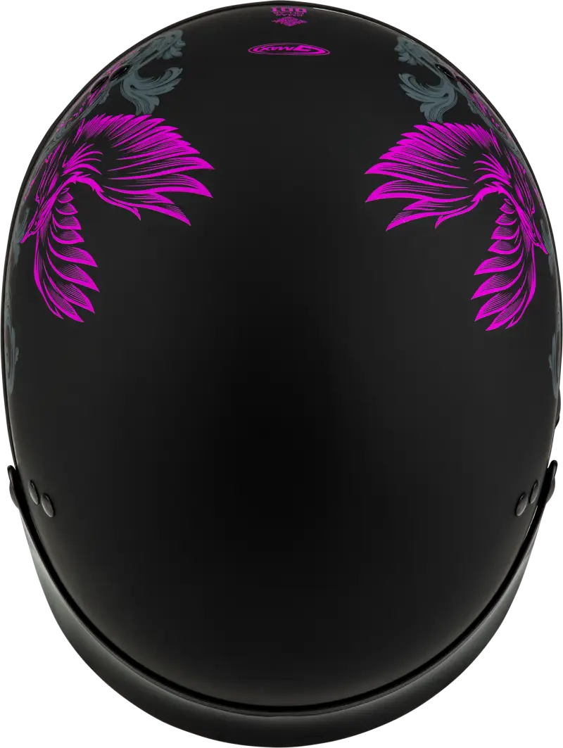 Black Corvus Helmet with pink wing designs and peak matte black purple finish
