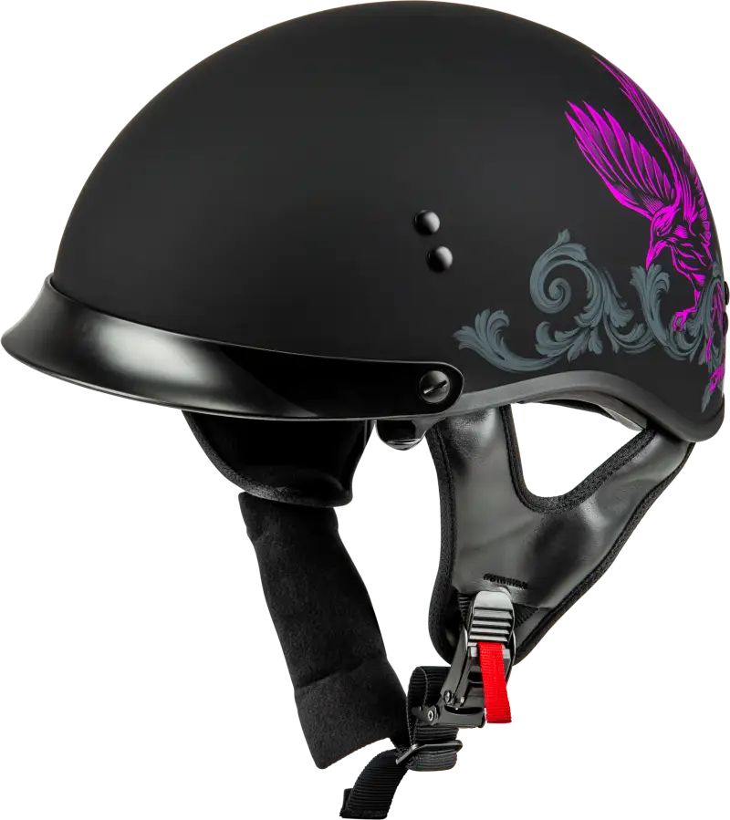 Black Corvus Helmet with purple eagle design and peak matte black finish