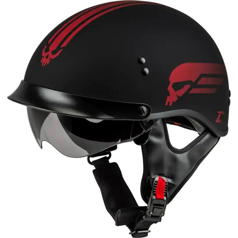 Black matte HH-65 Retribution helmet with red skull design, perfect for motorcycle riders