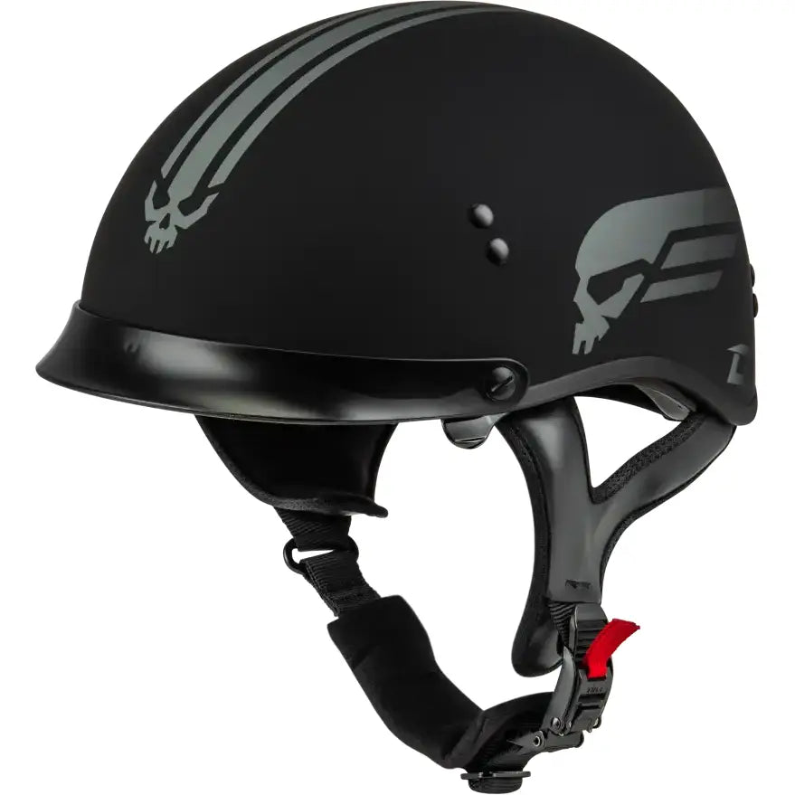 Black Retribution Helmet with peak in matte black and skull graphics for vintage style