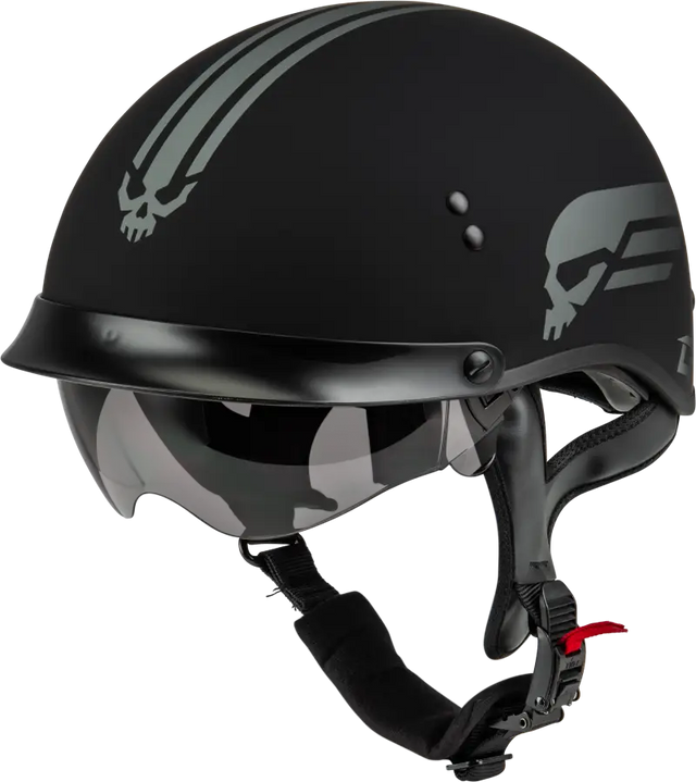 Black retribution helmet with skull designs, peak matte black finish, perfect for riders