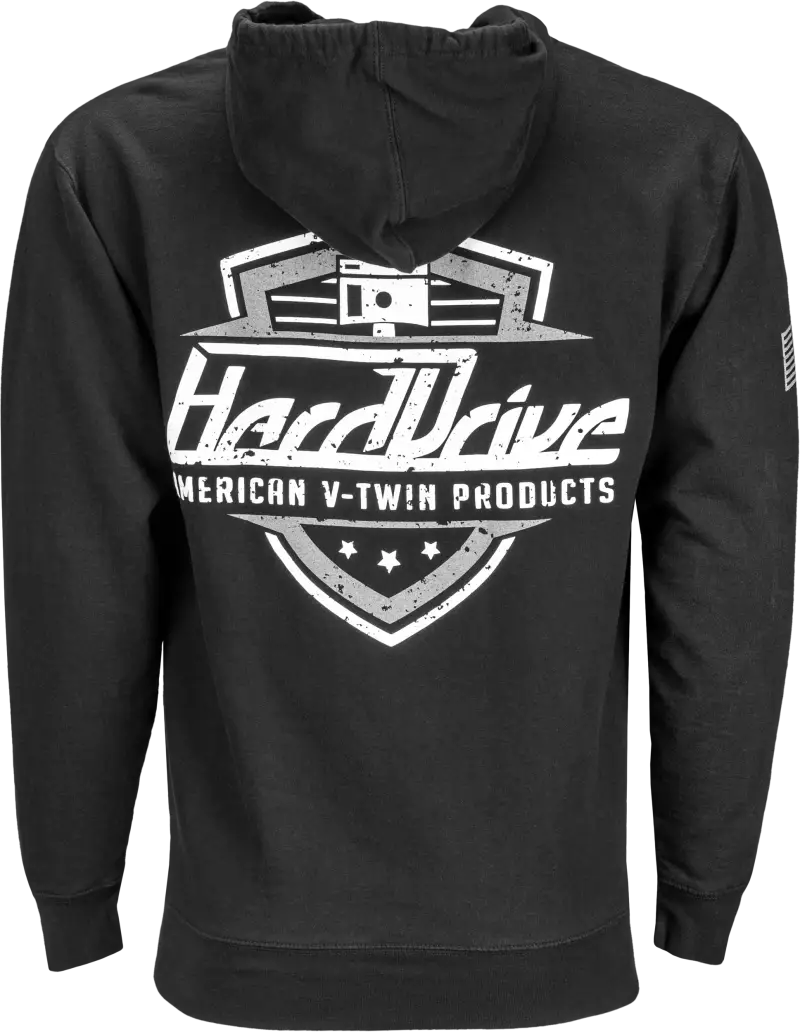 Black hoodie with HardDrive logo, shield hoodie black style, perfect hoodie black white look