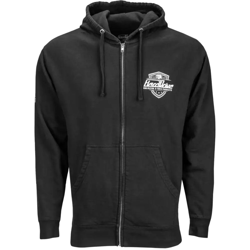 Black zip-up Harddrive Shield Hoodie with white shield logo, shield hoodie black white style