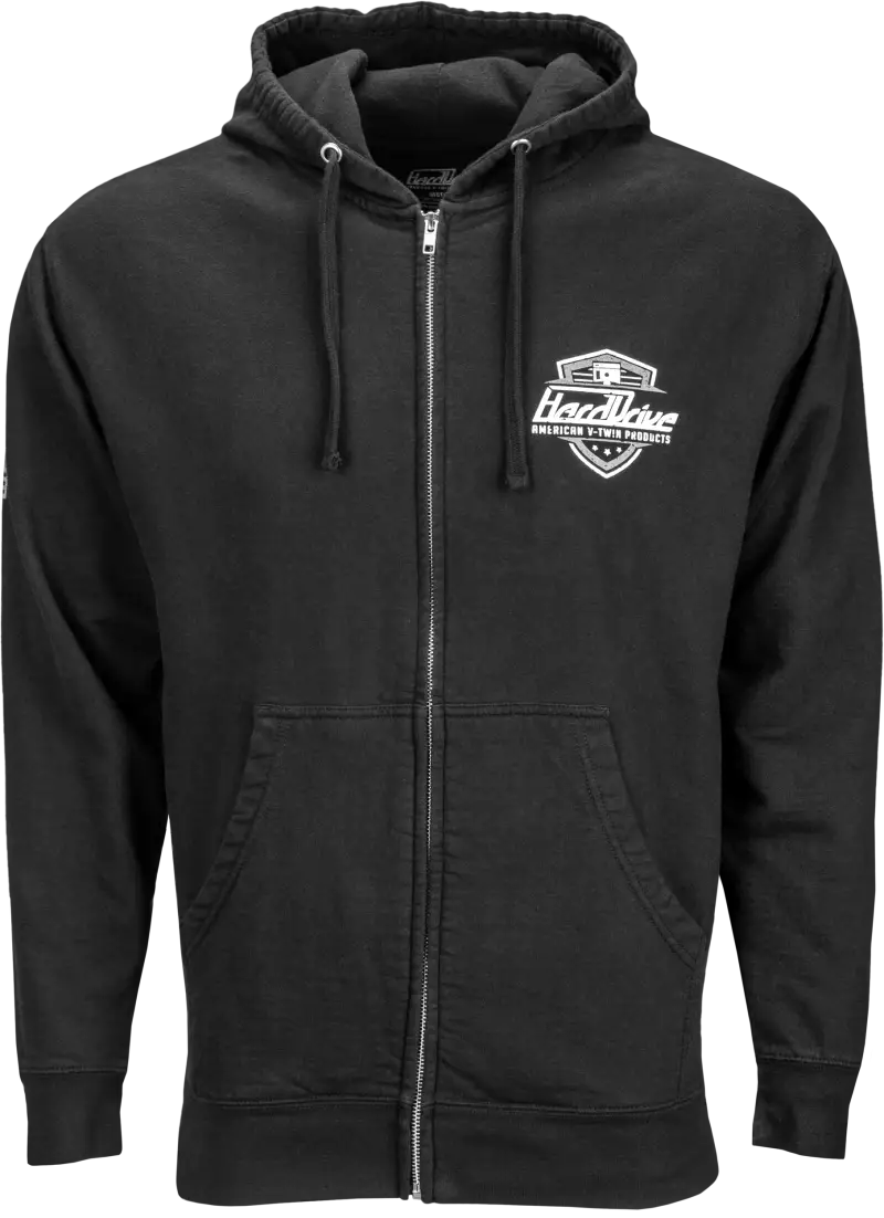 Black full-zip hoodie with white shield logo, perfect for harddrive shield hoodie fans