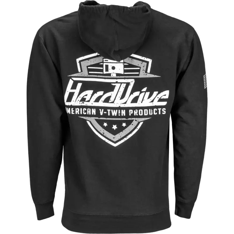 Black hoodie with white and grey graphic on back, perfect for harddrive shield hoodie fans