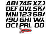 Black block letter and number decals from Hardline Boat Lettering Registration Kit
