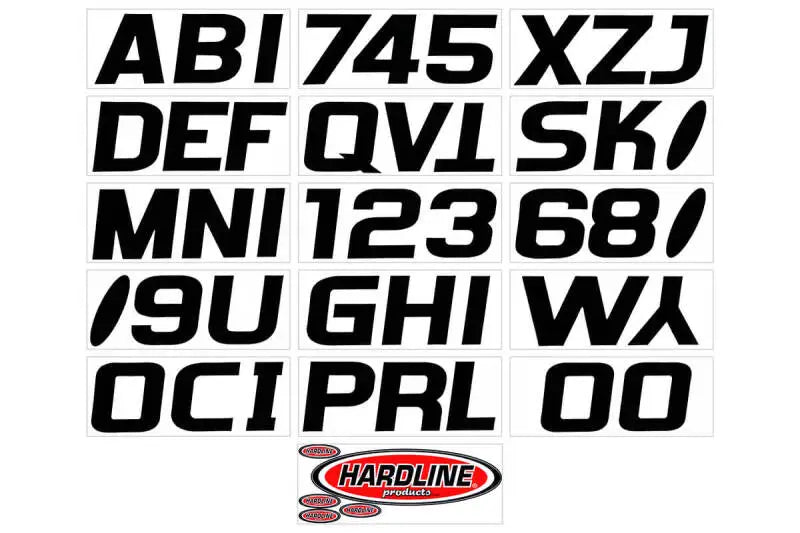 Black block letter and number decals from Hardline Boat Lettering Registration Kit