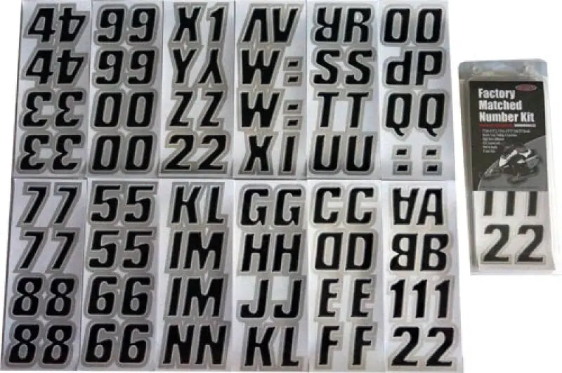 Black and silver number and letter sticker sheets for Hardline Snowmobile Lettering registration kit
