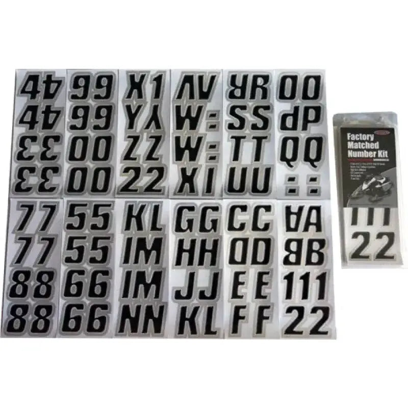 Black and silver number and letter sticker sheets for Hardline Snowmobile Lettering registration kit