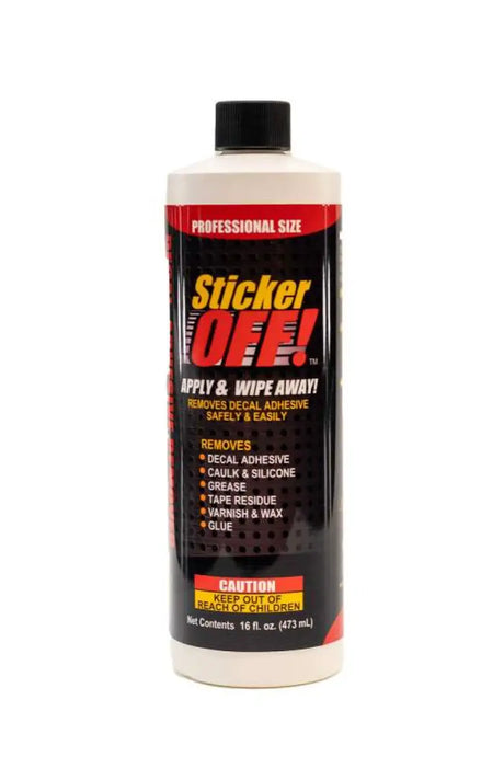 Bottle of Sticker Off decal remover, perfect for RV parts & accessories and truck parts