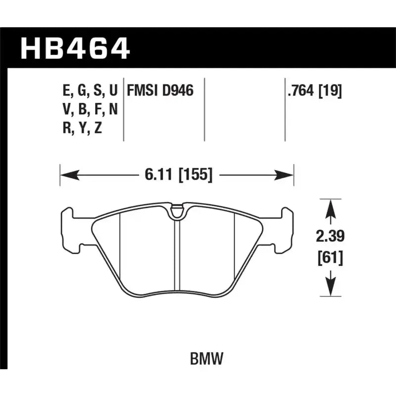 Brake pad diagram with dimensions for Hawk 01-06 BMW 330Ci M3 race brake pads