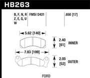Detailed technical drawing of Ford Mustang brake pads with dimensions for stopping power