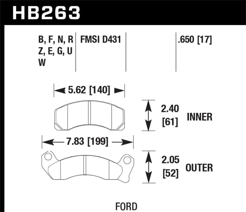 Detailed technical drawing of Ford Mustang brake pads with dimensions for stopping power
