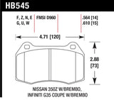 Brake pad diagram with dimensions for Infiniti G35 Brembo brakes Hawk 2003-2004