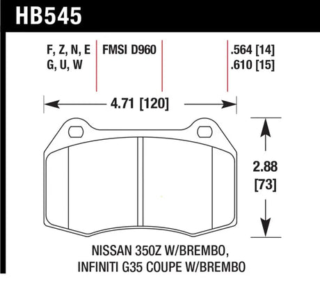 Brake pad diagram with dimensions for Infiniti G35 Brembo brakes Hawk 2003-2004