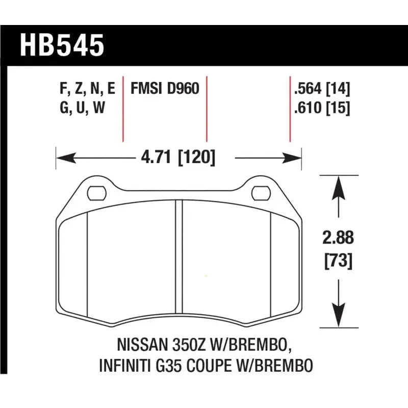 Brake pad diagram with dimensions for Infiniti G35 Brembo brakes Hawk 2003-2004