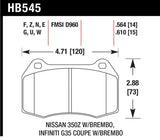 Brake pad diagram with dimensions for Infiniti G35 Brembo brakes Hawk 2003-2004 front pads