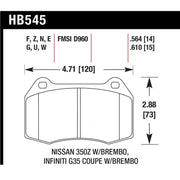 Brake pad diagram with dimensions for Infiniti G35 Brembo brakes Hawk 2003-2004 front pads