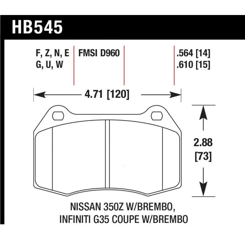 Brake pad diagram with dimensions for Infiniti G35 Brembo brakes Hawk 2003-2004 front pads