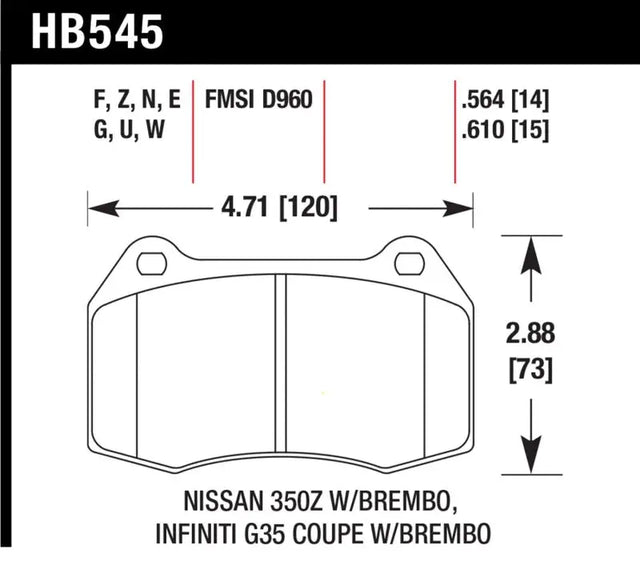 Brake pad diagram with dimensions for Infiniti G35 Brembo brakes Hawk 2003-2004 front pads