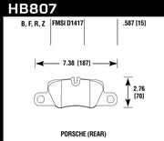 Porsche 911 Hawk performance ceramic street rear brake pads with dimensions shown