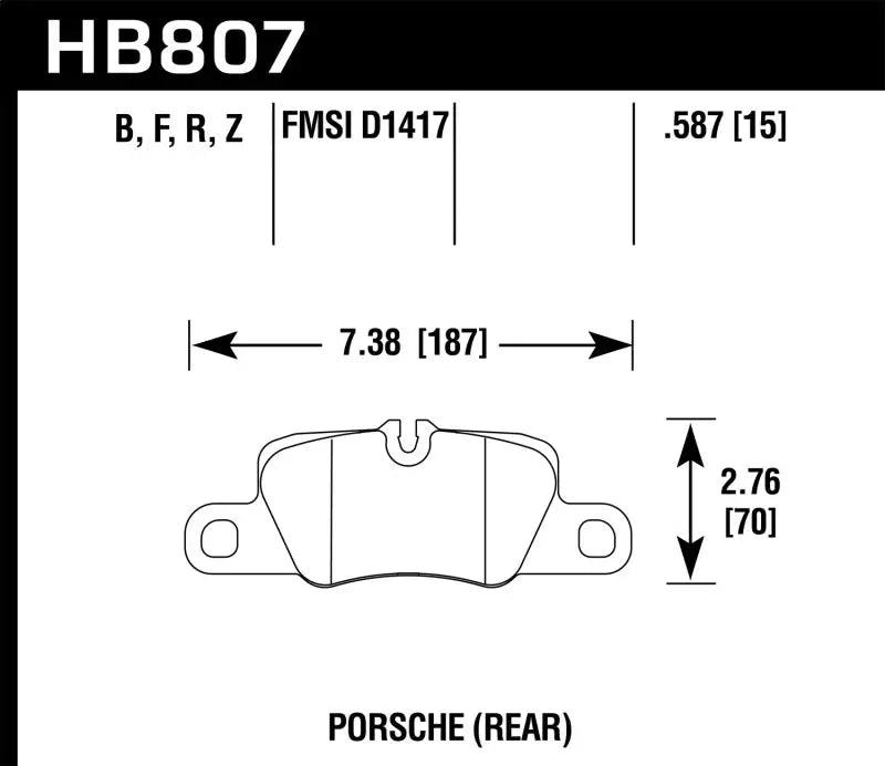 Porsche 911 Hawk performance ceramic street rear brake pads with detailed dimensions