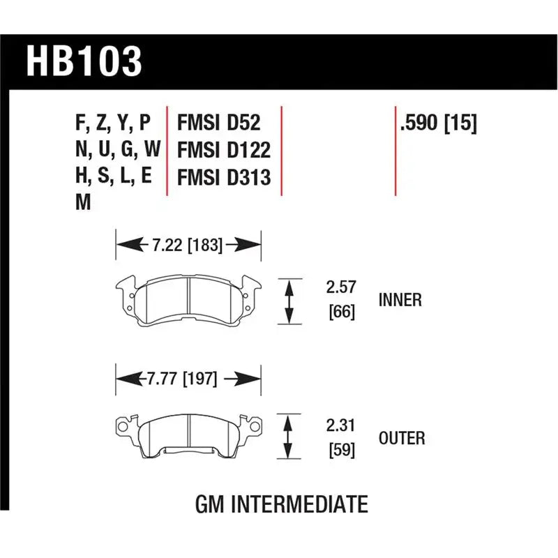Hawk Performance HB103U.590 Hawk 76-77 Chevrolet Camaro LT / 72 Camaro Z28 / 69-81 Camaro DTC-70 Race Front Brake Pads