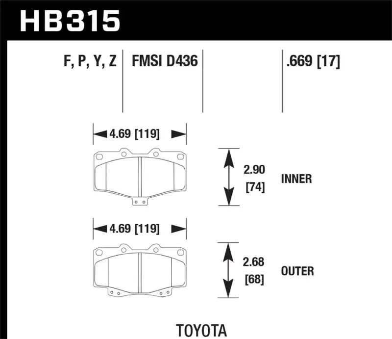 Technical drawing and specs for HB315 Toyota brake pads from Hawk HPS Street Brake Pads