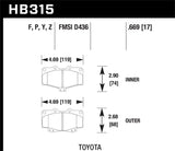 Technical drawing and specs for HB315 Toyota brake pads from Hawk HPS Street Brake Pads