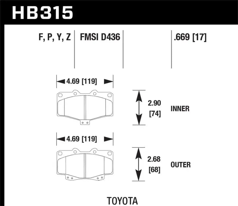 Schematic diagram of Hawk HPS Street Brake Pads with dimensions for automotive brake pads
