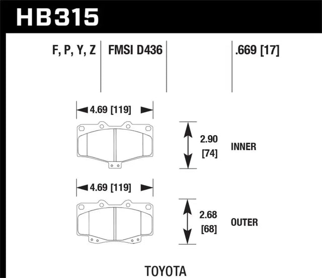 Technical diagram of Hawk HPS Street Brake Pads with dimensions and specs