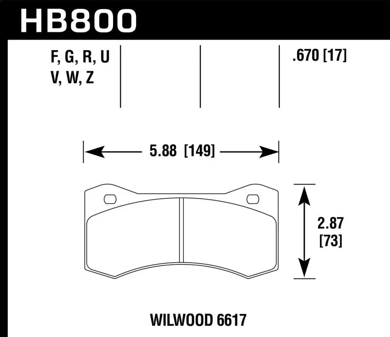 Brake pad diagram with dimensions for Hawk Willwood 6617 DTC-60 Race Brake Pads