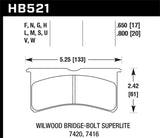 Wilwood Bridge-Bolt Superlite brake pads specifications chart, measuring 5.25 inches in width and 2.42 inches in height, with .650 and .800 inch thickness options, Truck & Automotive,Parts,Brakes, Rotors & Pads,AVADA - Best Sellers
