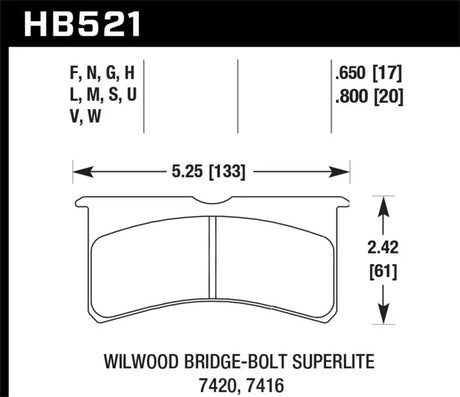 Wilwood Bridge-Bolt Superlite brake pads specifications chart, measuring 5.25 inches in width and 2.42 inches in height, with .650 and .800 inch thickness options, Truck & Automotive,Parts,Brakes, Rotors & Pads,AVADA - Best Sellers