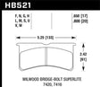 Diagram showing the dimensions and fitment specifications of Hawk Wilwood BB SL 7421 HPS 5.0 Brake Pads for Wilwood Bridge-Bolt Superlite series. Ideal for RV, Automotive, Powersports, off-road, marine, exterior, truck accessories, interior, truck bed, RV parts. Truck & Automotive, Parts, Brakes, Rotors & Pads, AVADA - Best Sellers.