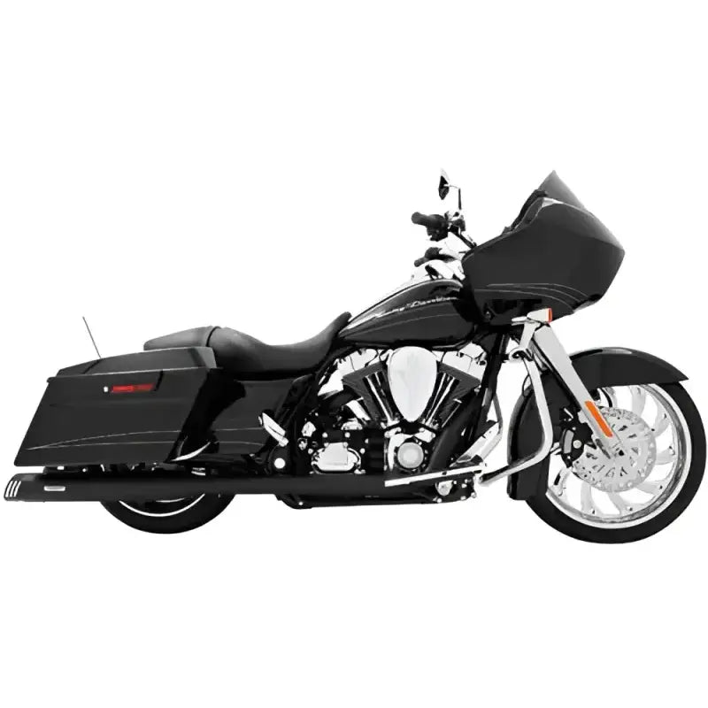 Black touring motorcycle with batwing fairing and chrome accents for hd00245 true dual exhaust