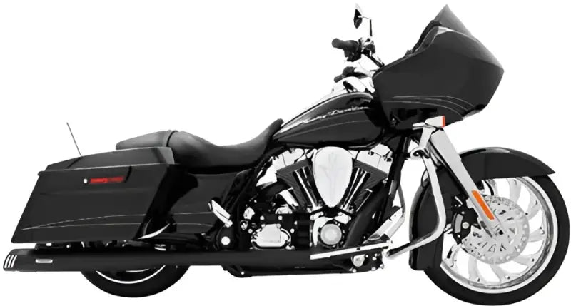 Black touring motorcycle with batwing fairing and chrome accents for hd00245 true dual exhaust