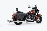 Dark red touring motorcycle with chrome exhaust pipes and black saddlebags, hd00771 sharktail exhaust