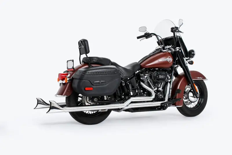Dark red touring motorcycle with chrome exhaust pipes and black saddlebags, hd00771 sharktail exhaust