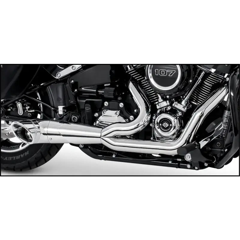 Chrome exhaust system on black Harley-Davidson engine, perfect for turnout exhaust upgrades