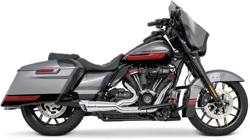 Gray touring motorcycle with red and black stripes, chrome exhaust, saddlebags, HD00841 flh flt shorty exhaust