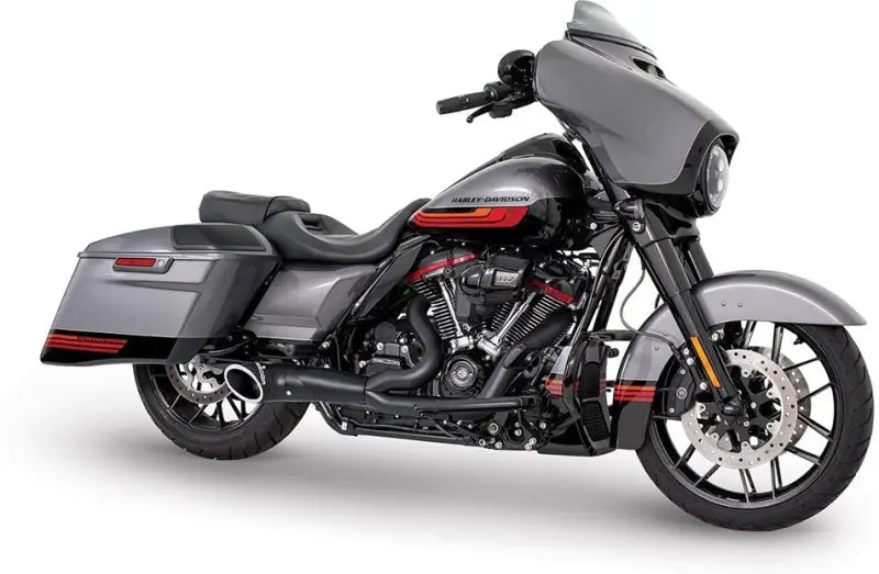 Gray and black Harley-Davidson touring bike with red accents, black tip, FLH FLT, turn-out exhaust