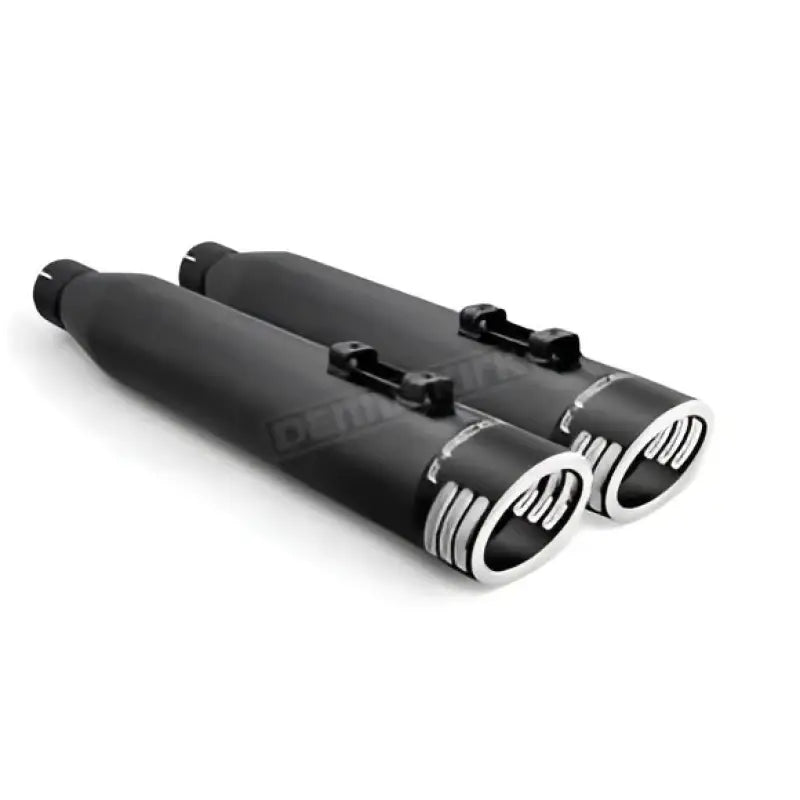 Two black motorcycle exhaust pipes with silver tips for HD01372 Freedom Racing Chrome W Black
