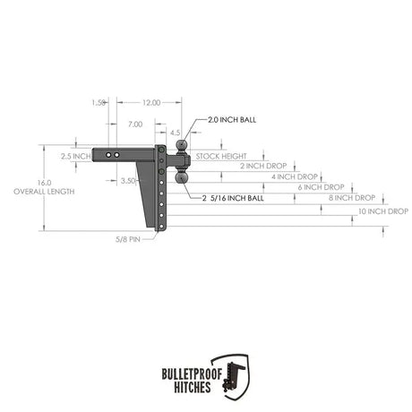 HD2510 Bulletproof 2.5’ Heavy Duty 10’ Drop/Rise - Trailer Hitch Ball Mount